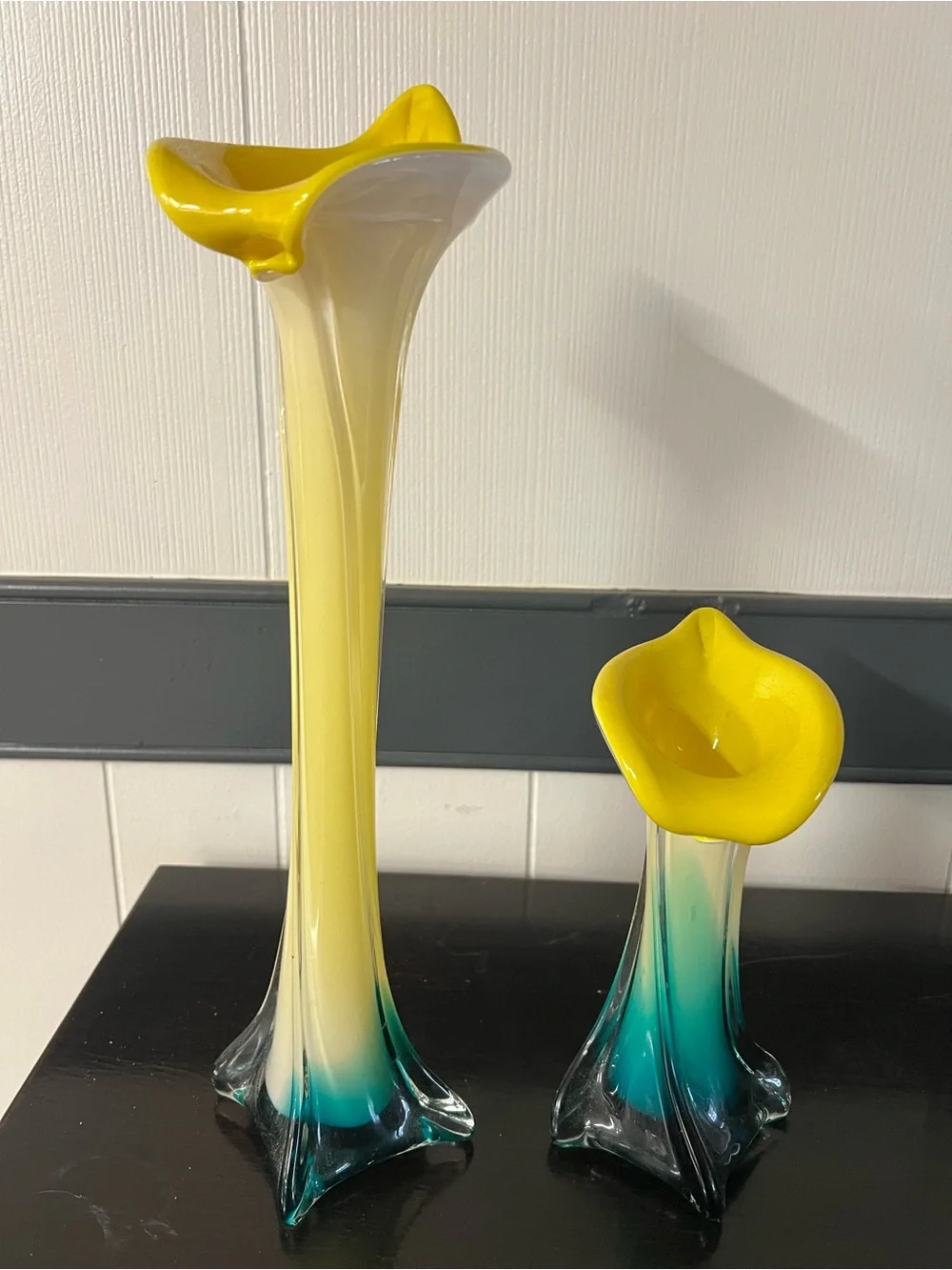 Yellow and Teal Handblown Glass Bud Vases - Pair